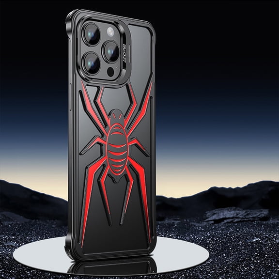 ELEHOLD Frameless Metal Case for iPhone 14 Pro Max Rugged Shockproof Bumper Case Spider Pattern Hollow Out Camera Lens Kickstand Slim Lightweight Protective Cover for iPhone 14 Pro Max,Black Red
