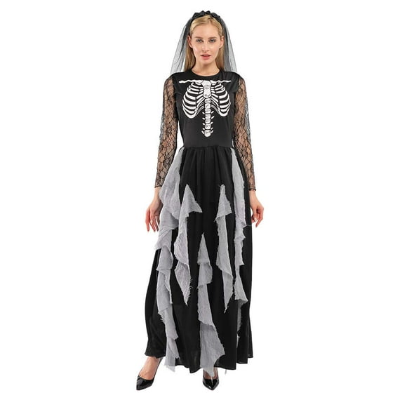 EraSpooky Women Skeleton Zombie Bride Costumes Halloween Cosplay Fancy Party Dress with Hair Band