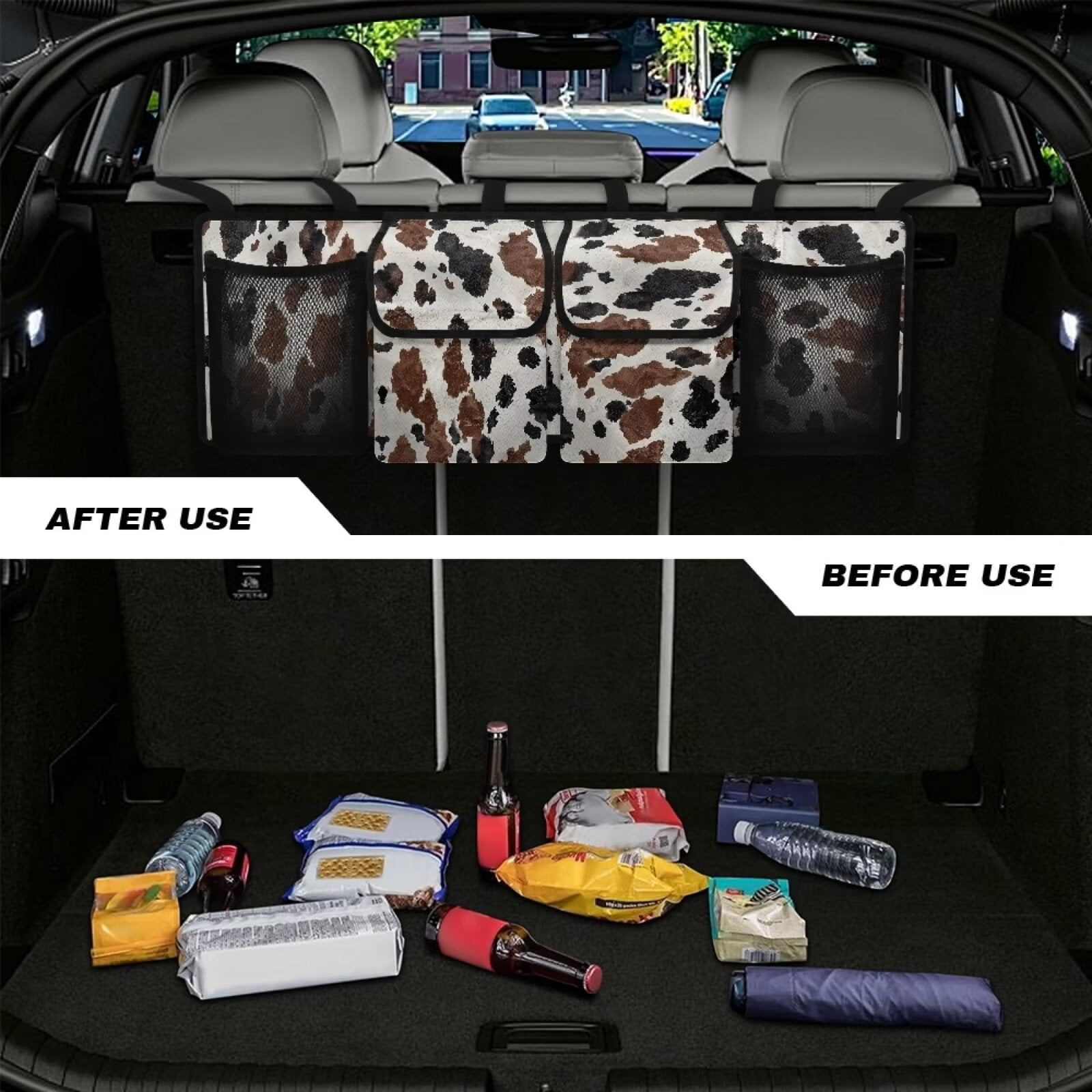 KUIFORTI Car Trunk Organizer with 4 Pockets, Oxford Cloth Cow Print Vehicle Hanging Backseat Cargo Storage Bag, Detachable Auto Seat Back Organizing Bag, Universal for SUV, Truck, RV, Brown