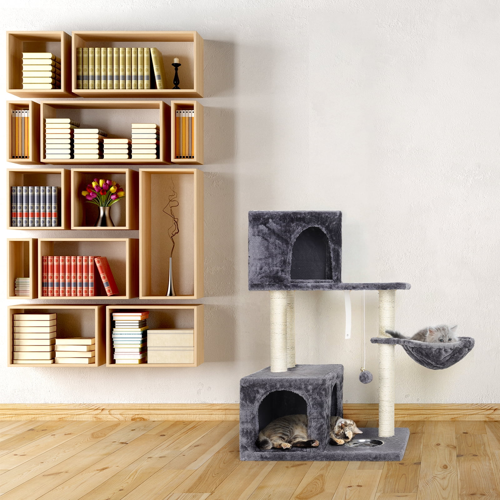 OYEAL 37'' Multi-Level Cat Tree Indoor, Multi Level Play Tower with Scratching Posts, Fur Ball & Feeding Bowl for Climbing & Resting (Grey)