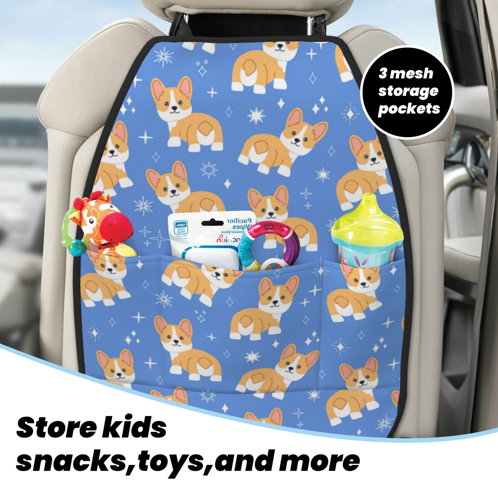 Kdxio Kawaii Corgi Print 2 Pack Car Kick Mat Seat Cover Back Protector Mat with Pockets for Organizer Backseat Protector and Storage Anti Kick Pad for Vehicles