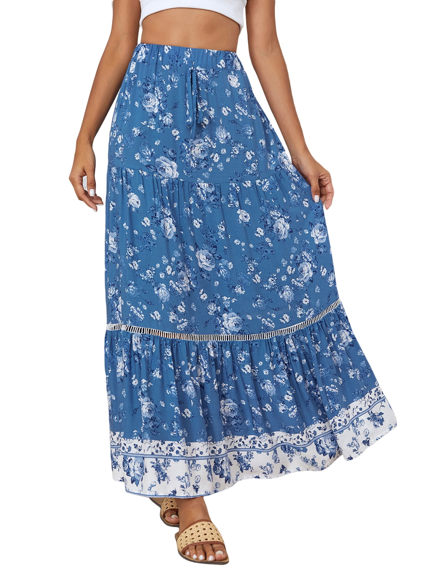 Kayotuas Womens Floral Print Boho Maxi Skirt Elastic High Waist Pleated ...