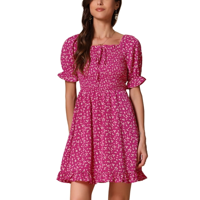 Vestido Floral con Mangas Abullonadas, Espalda Fruncida y Escote Corazón para Mujer XL Rosa Fucsia