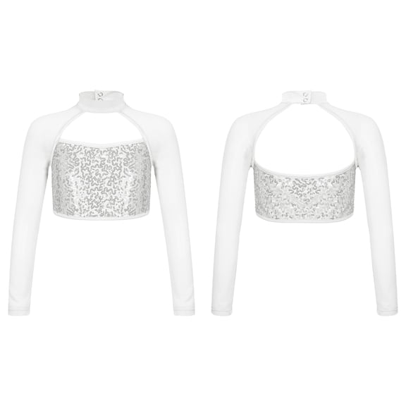 inlzdz Girls Sparkle Sequins Mock Neck Mesh Long Sleeve Gymnastics Shirt Hip Hop Jazz Dance Crop Top Silver 8