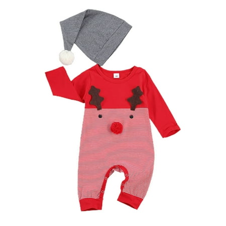 

MODERNFKID Newborn Baby Christmas Cute Reindeer Elk Romper Boys Girls Party Jumpsuit Outfit + Hat Age Range 0M-18M