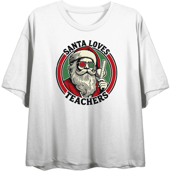 Santa Loves Teachers Women's White Crew Neck Short Sleeve Crop Tee-Medium