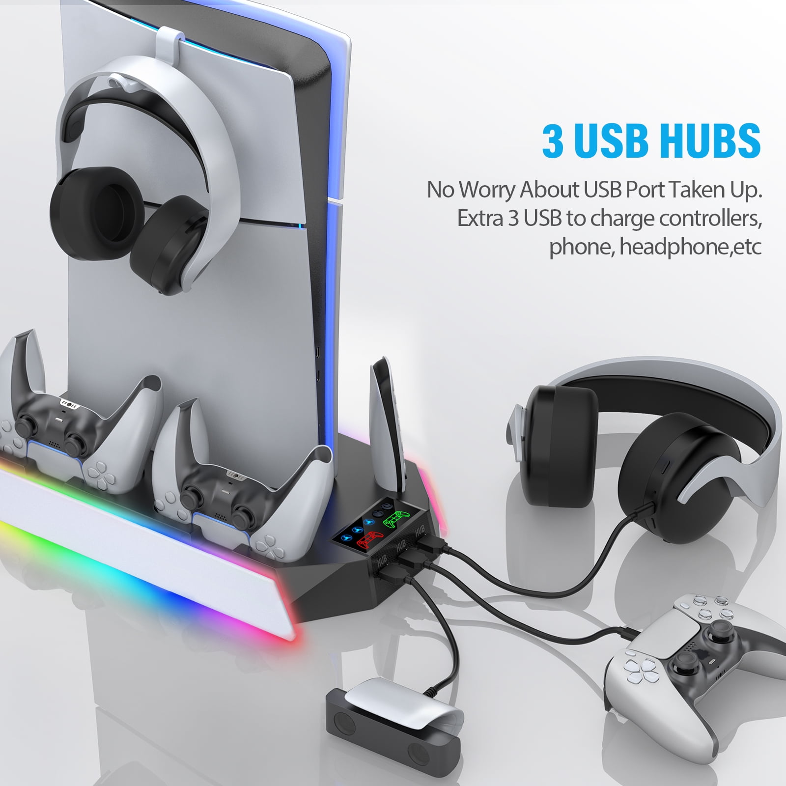 PS5 Stand with Cooling Fan,ZRZLMVP PS5 Cooling Station with Dual Controller Charging Station for PS5 Slim/Pro/Standard,3H Fast Charging/3 Speed Airflow/3 USB Ports/3 Lights - Black