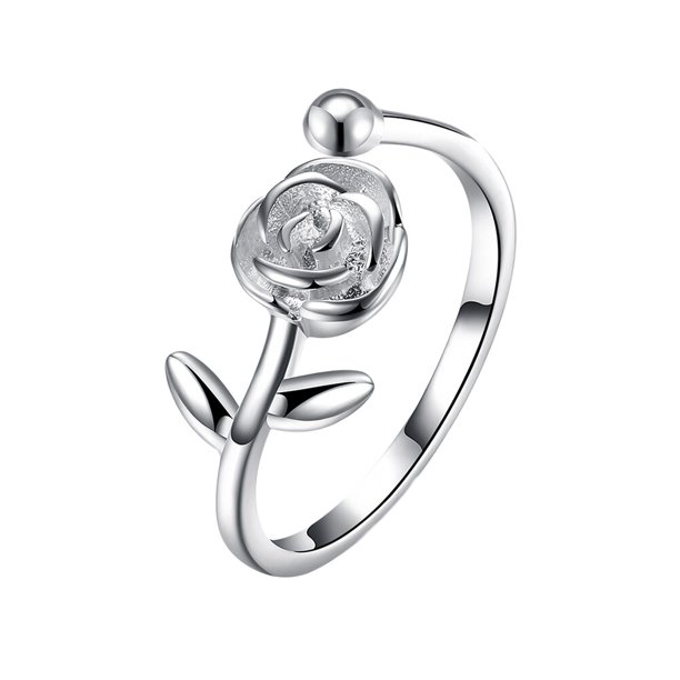 Anillo abierto de plata de ley S925 con diseño de flor de rosa y apertura ajustable para mujer.