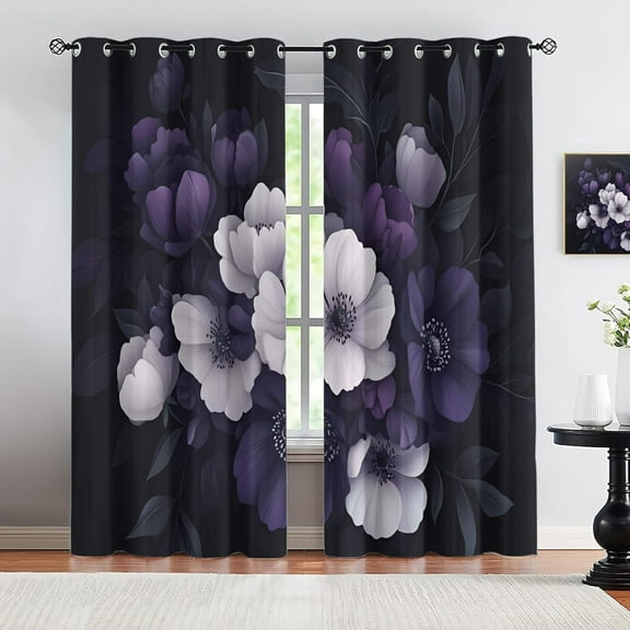 Dark Floral Curtain, Gradient Purple Blackout Curtain For Bedroom, Retro Flower Living Room Curtains, Nordic Watercolor Kitchen Curtains & Sound Proof Drapes 52"W x 63"L (Pack of 2)