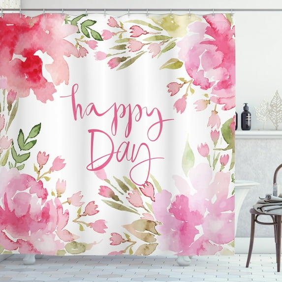 Ambesonne Country Shower Curtain, Watercolor Flowers Leaf, 69"Wx70"L, Pale Pink and Green