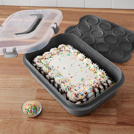 Mainstays Rectangular Cupcake & Cake Carrier with Lid, Handle, Clasps & Removeable Flippible Cupcake Tray, Grey Plastic