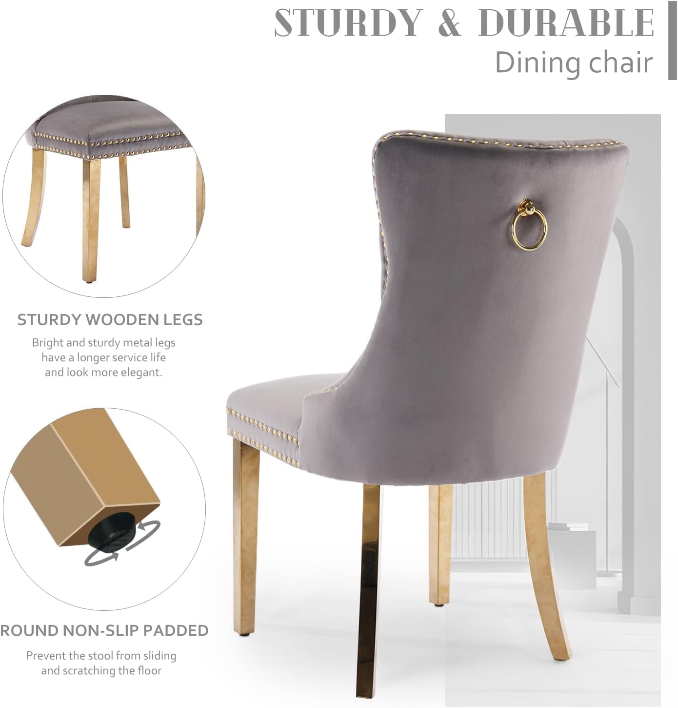 JESTOP Velvet Dining Chair Set of 8, Upholstered Tufted Dining Room Chair with Nailhead Trim and Solid Gold Plated Leg for Kitchen(Grey)