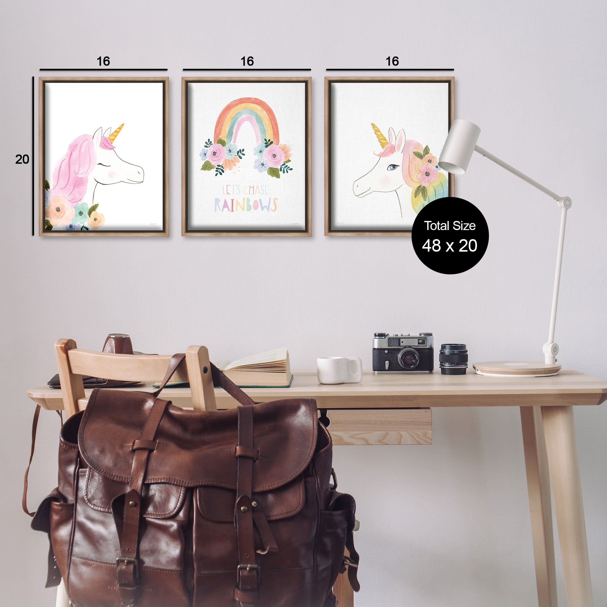Stupell Industries Let's Chase Rainbows Unicorns Fairy Tales & Fantasy Painting Brown Floater Framed Canvas Art Print Wall Art, 17 x 21, Set of 3