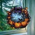 thumbnail image 3 of Spooky Jack O’Lantern Wreath Acrylic Suncatcher – Faux Stained Glass Window Hanging With Bats, Pumpkins, Purple Bow And Fall Leaves Decor 4346748653, 3 of 4