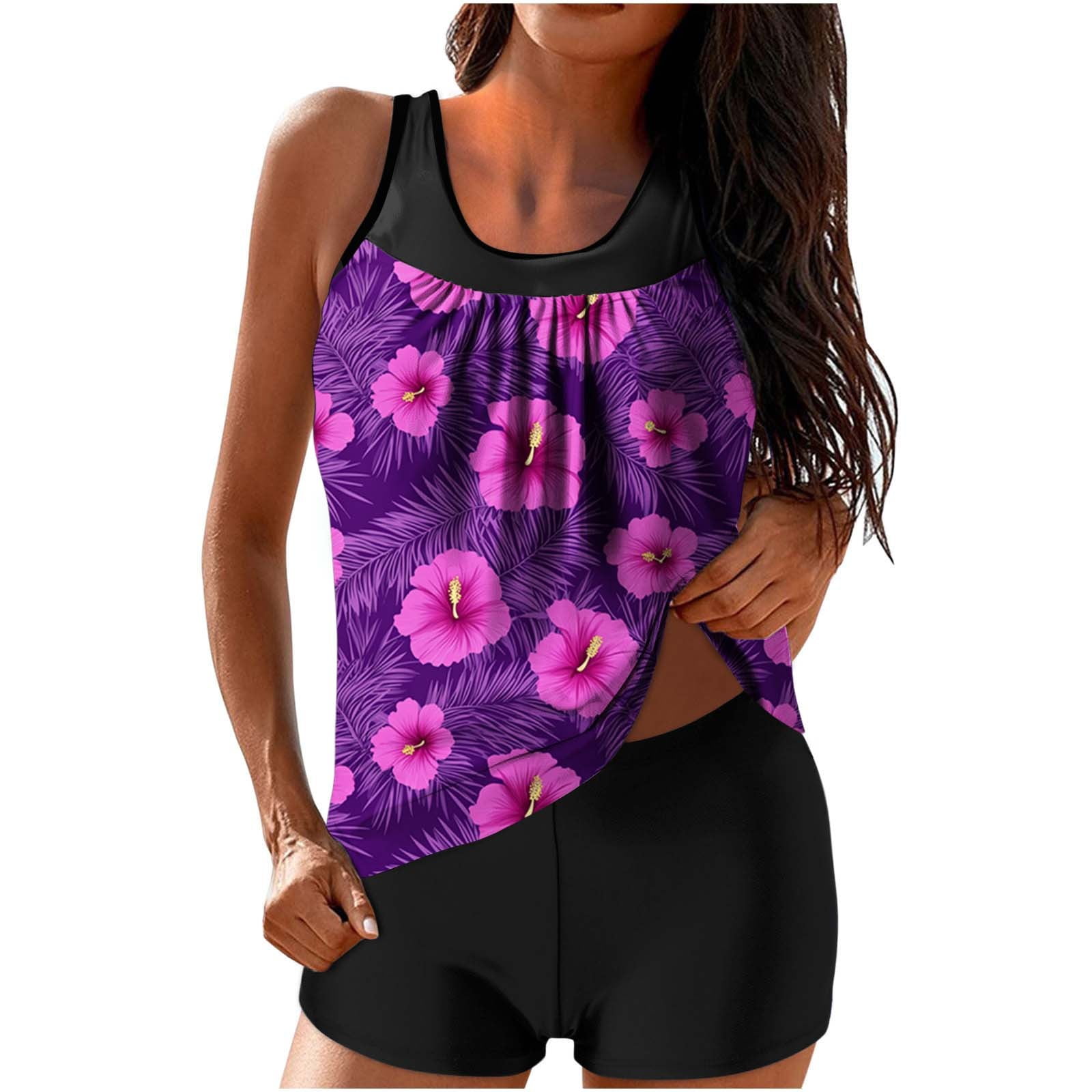 Jsaierl 2 Piece Tankini Bathing Suits Women Blouson Swim Tops Summer Print Swimwear Athletic Vacation Modest Beachwear with Swim Shorts Tankini Swimsuits