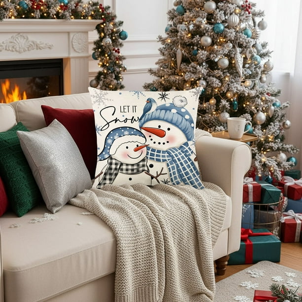 Funda de Cojín Decorativa con Muñeco de Nieve Navideño | Funda de Cojín a Cuadros de Lino Azul | 45 X 45 X 1,5 Cm | Poliéster Suave | Fácil de Lavar | 1 Unidad