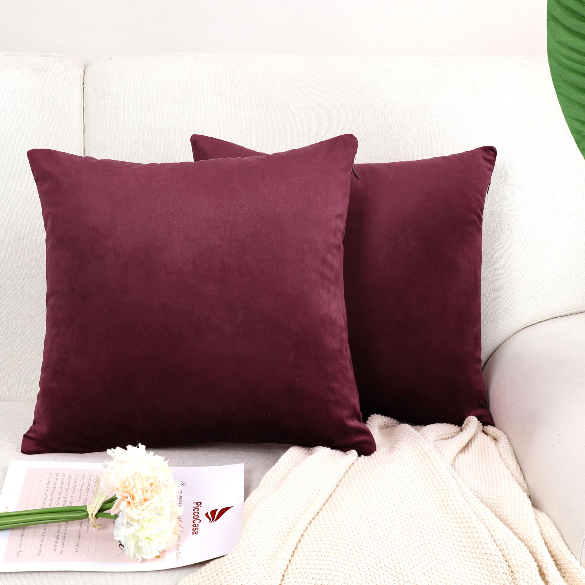 Unique Bargains 2-Pack Solid Velvet Decorative Throw Pillow Covers Burgundy 16"x16"