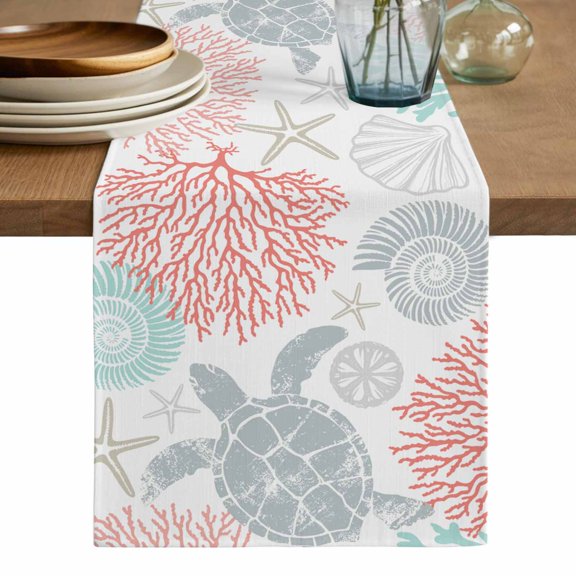 Teal Red Coastal Turtle Table Runner, Ocean Coral Nautical Washable Cotton Linen Table Runners 60 Inches Long, Dresser Scarf Runner for Coffee/TV Stands/Kitchen/Cabinets 13''x60''