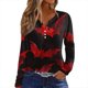 thumbnail image 1 of Camisa Henley de manga larga con estampado de murciélago de Halloween para mujer: blusa informal con cuello en V y botones, 1 of 5