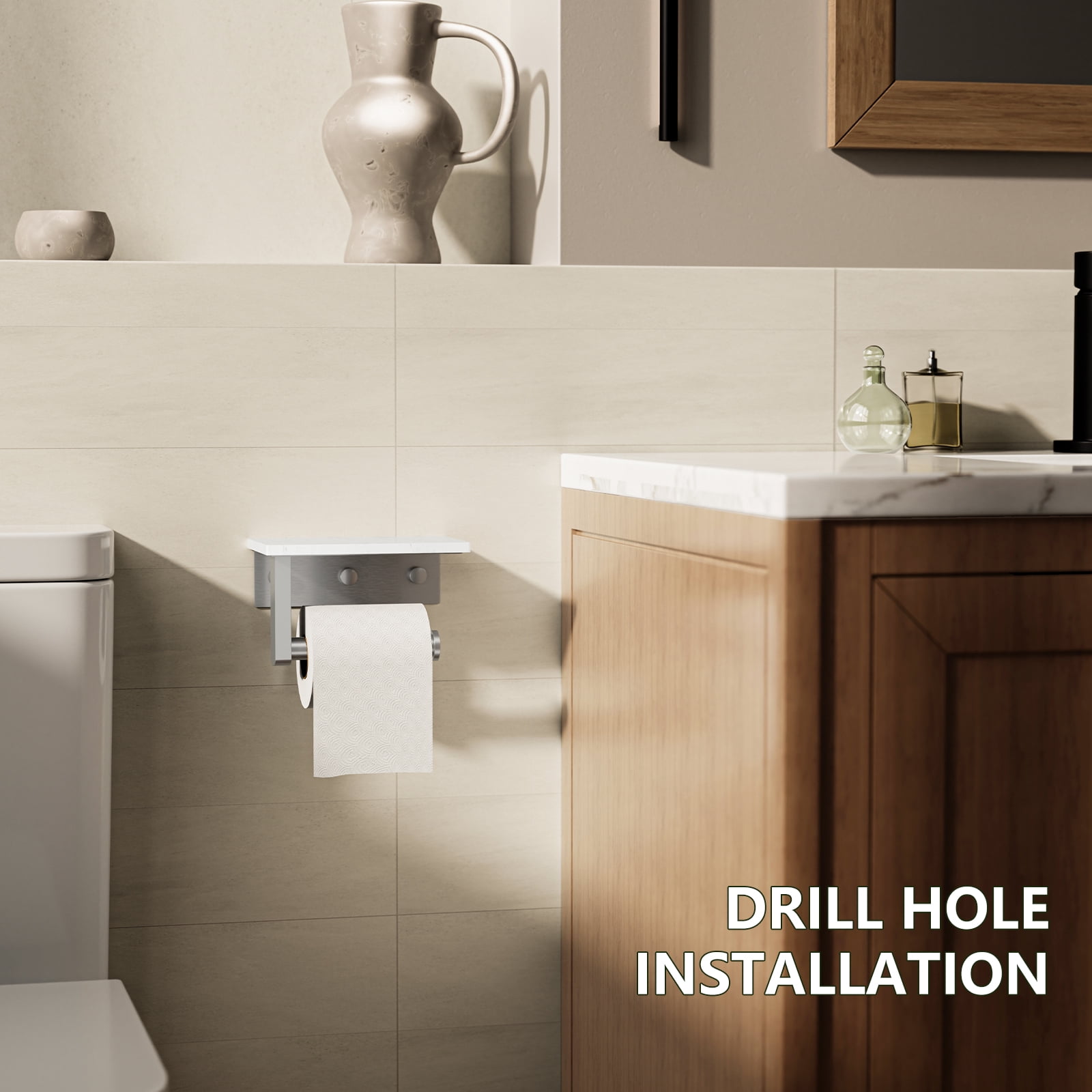 Wall Mount Toilet Paper Holder with Marble Shelf, Brushed Nickel