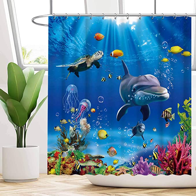 Dolphin Shower Curtain Underwater Algaes Coral Reefs Sunbeam Tropical