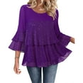 thumbnail image 2 of Ltctricy Women's Tunic Tops Sparkly 3/4 Bell Sleeve Crewneck Ruffle Hem Layered Glitter Mesh T Shirts Dressy Casual Party Blouses(Purple,X-Large), 2 of 6