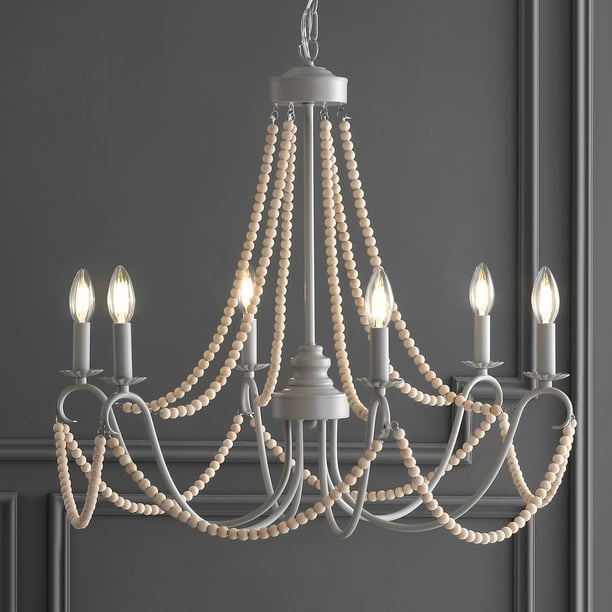 Rustica 6 Light 27 Adjustable Greige Metal Wood Bead Led Chandelier Grey Natural By Jonathan Y Com Rustica 6 Light 27 Adjustable Greige, Black Metal And Wood Bead Chandelier