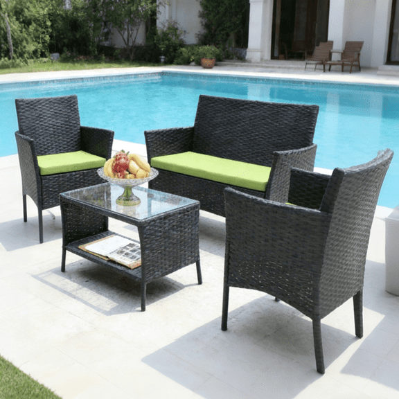 SYNGAR 4 Piece Patio Furniture Set, Outdoor Wicker Furniture with Coffee Table & Cushioned,Patio All-Weather Conversation Set,Modern Outdoor Seating for Poolside, Backyard, Balcony, Green