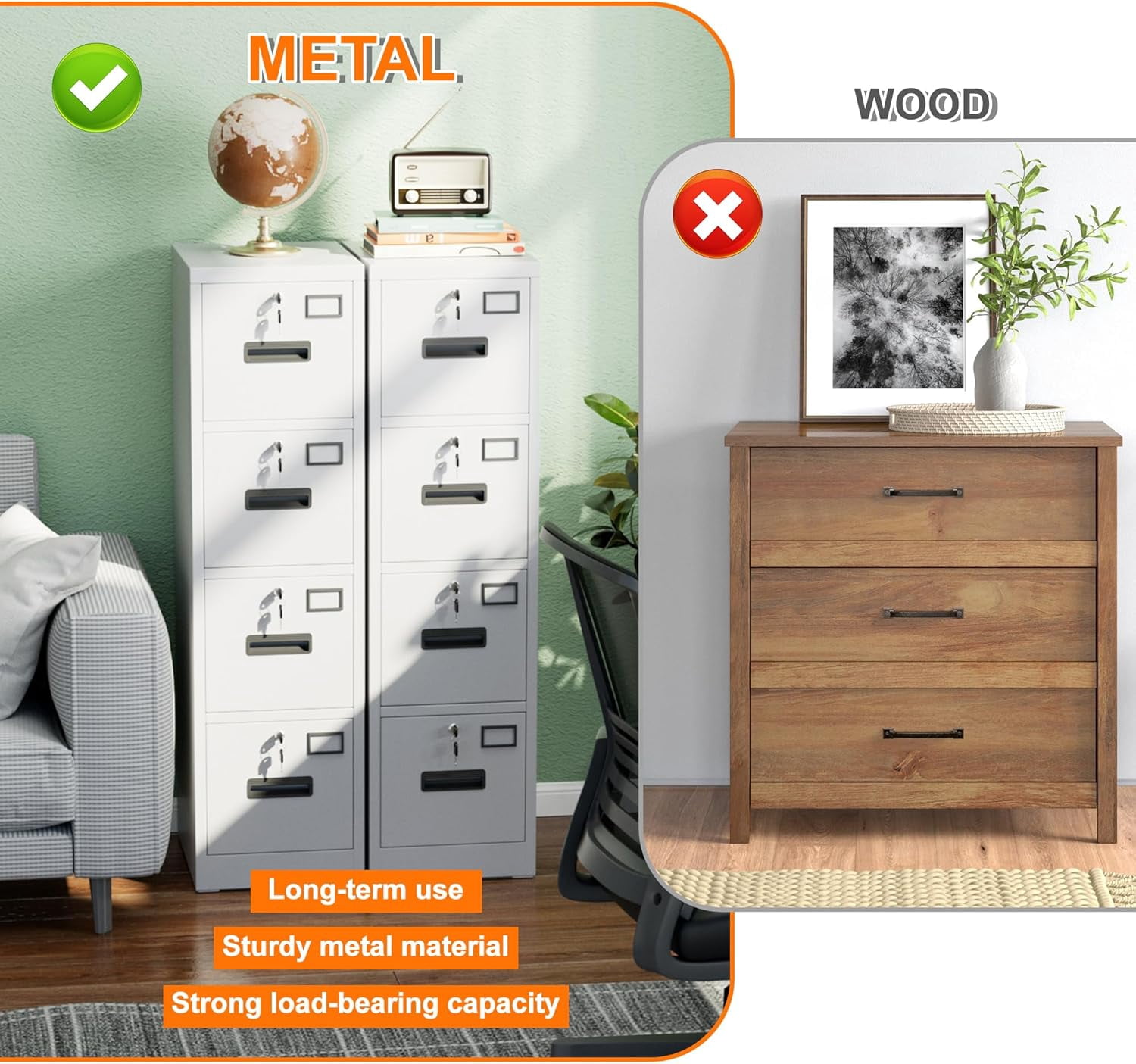 Lateral File Cabinet with Drawers, Locking Drawers and Adjustable Shelves Metal Storage Cabinet for Home Office Garage School, Fit for A4 Letter Legal File, Assemble Required
