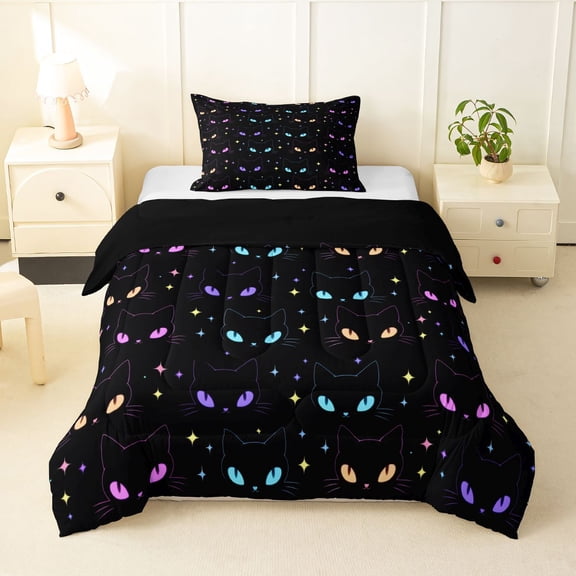 Homewish Colorful Cats Twin Comforter Sets,Cartoon Animal Themed Bedding Set,Black,Black Reversible,2-Piece,1 Comforter and 1 Pillowcase