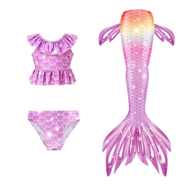 Baby Girl Swimsuit Fashion Colorful Print Ruffles Tops Briefs Fish Tail Split Swimsuits Set Girls Bathing Suit Purple 10-11Y