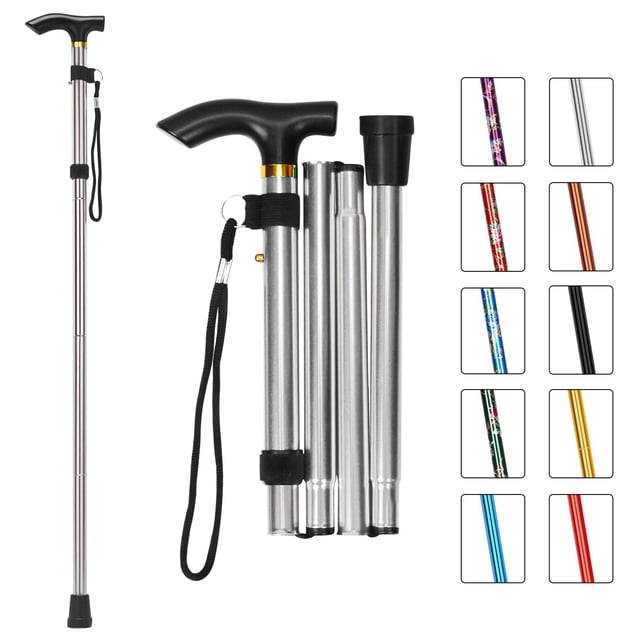 Bastón plegable MFE, portátil, ajustable en 5 niveles de altura, con diseño plegable, correa de muñeca y mango en T para hombres y mujeres, plateado
