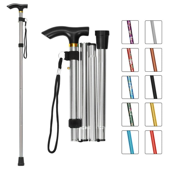 Bastón plegable MFE, portátil, ajustable en 5 niveles de altura, con diseño plegable, correa de muñeca y mango en T para hombres y mujeres, plateado