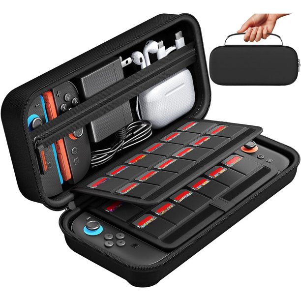 Compatible con Nintendo Switch: maletín de transporte con capacidad para 24 cartuchos de juegos, carcasa rígida protectora y bolsa de viaje para la consola y los accesorios