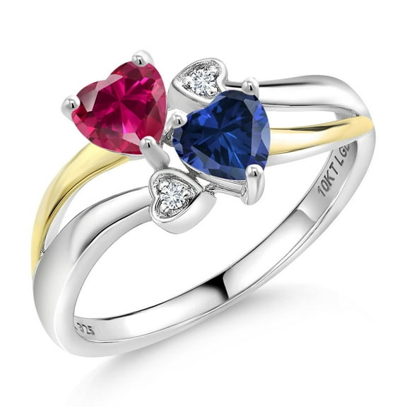 Gem Stone King 1.12 Cttw Red Created Ruby Blue Created Sapphire and White Lab Grown Diamond Ring for Women | 925 Silver and 10K Yellow Gold | Heart Shape 5MM | Size 7