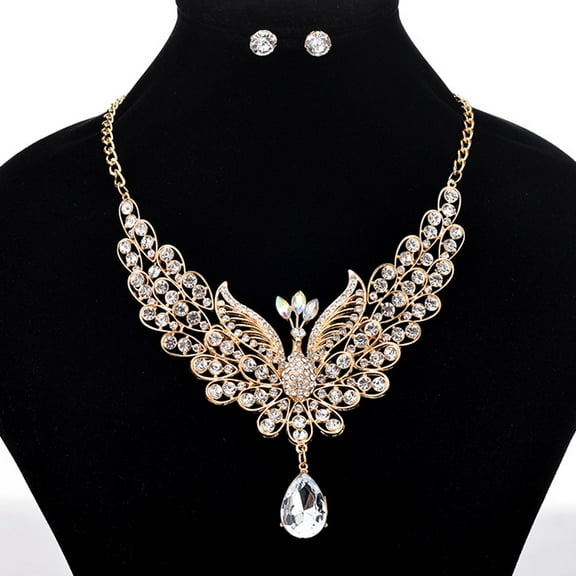 Ayyufe Retro Multicolor Rhinestone Hollow Peacock Bib Necklace Ear Studs Set