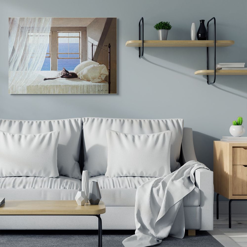 Stupell Industries Cat Resting on White Oceanside Bed Nautical Painting Designed by Zhen-Huan Lu