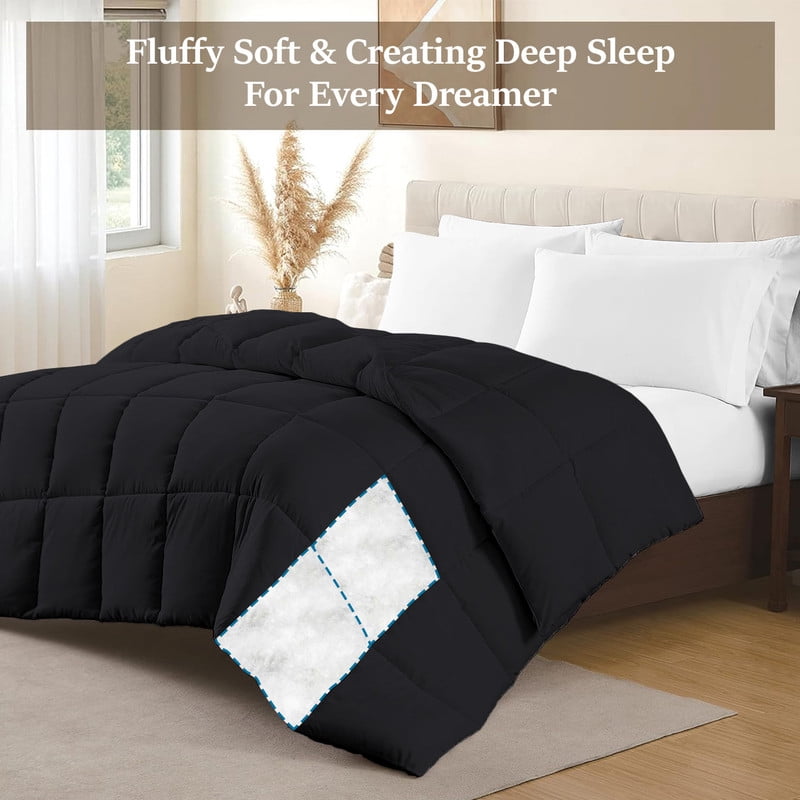 100% Cotton All-Season Comforter - Box Stitched Comforter - Bedding with Corner Tabs Machine Washable Lightweight Color Black Solid Pattern Size Twin (66"x90")