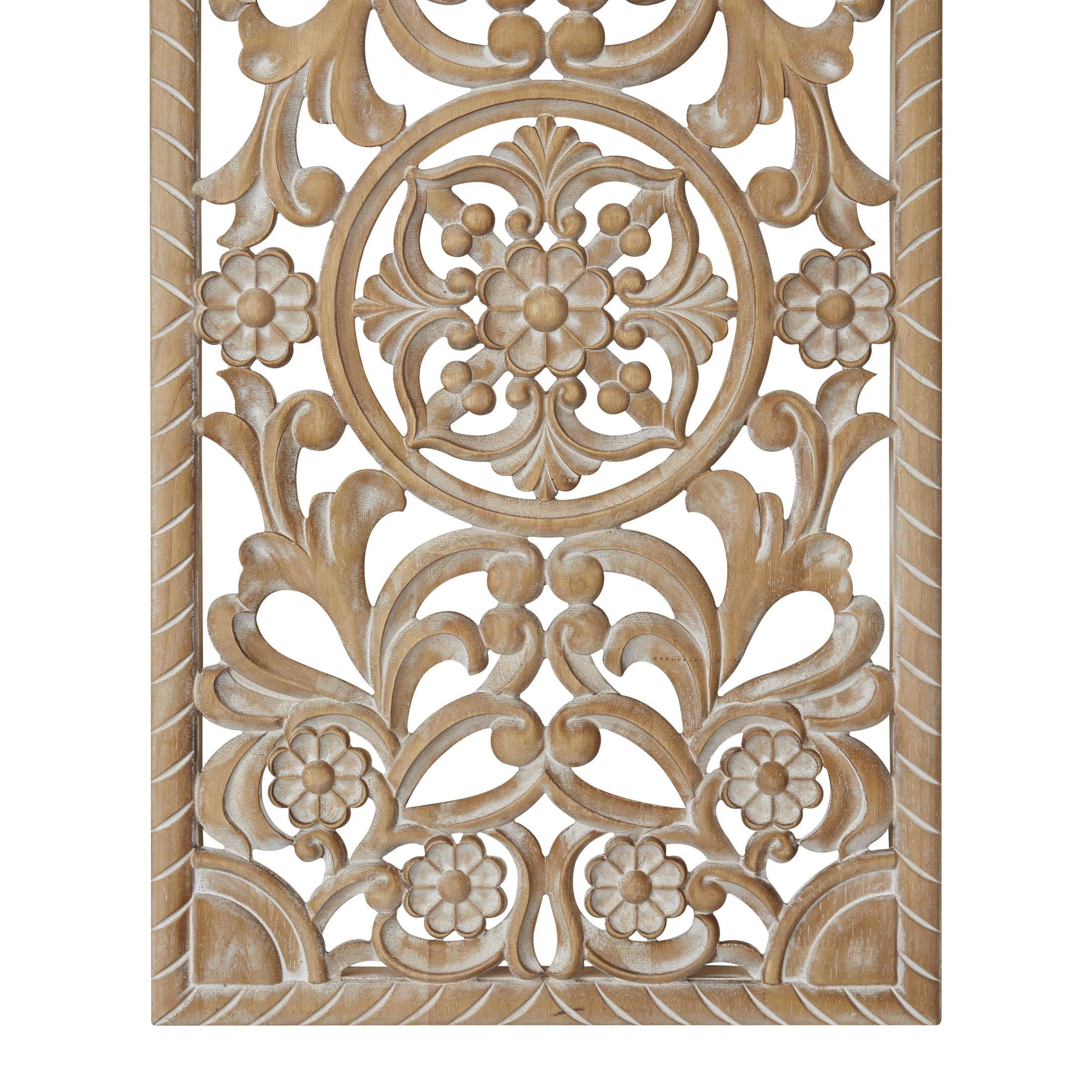DecMode Brown Wood Handmade Intricately Carved Floral Wall Decor
