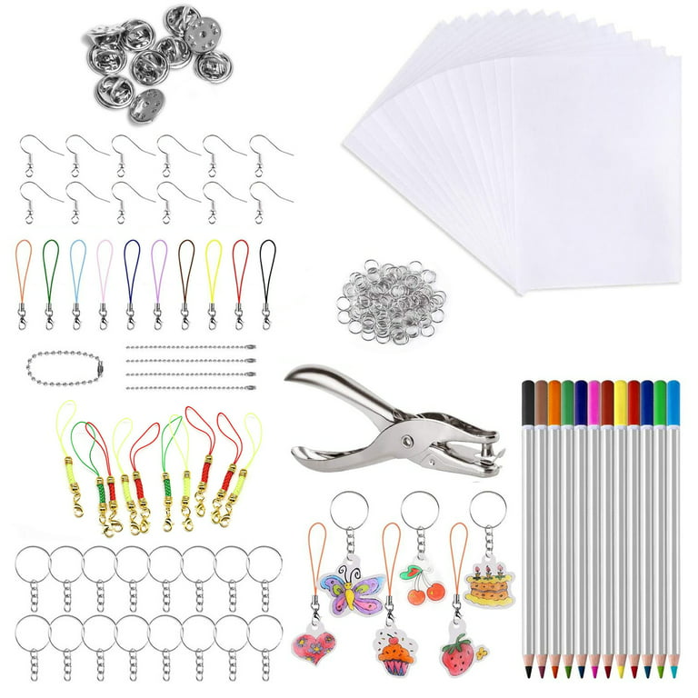 CreativeArrowy 156 Pcs Heat Shrink Plastic Sheet Kit，13 Shrink Film Sheets  Art Paper，Hole Punch，Colored Pencils and 130 Pieces Keychains and Jewelry  Making Accessories for Kids Craft 