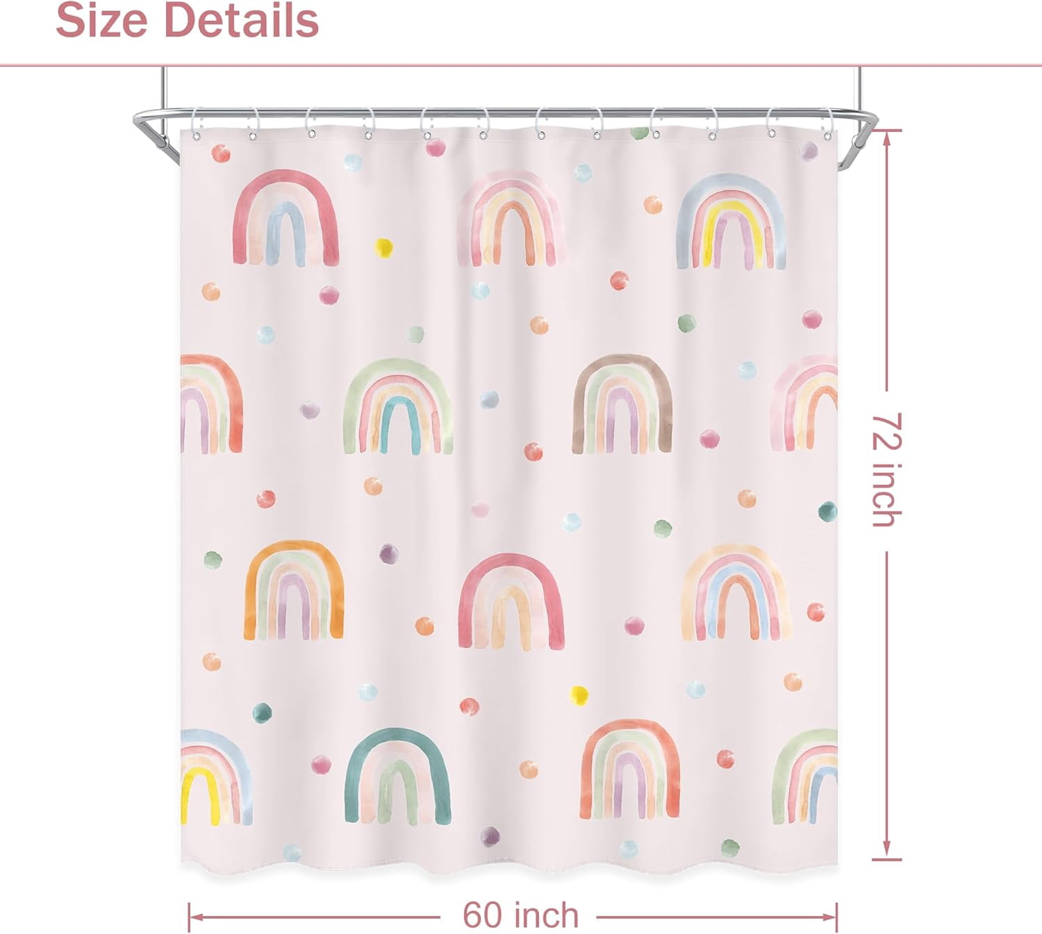 Girls Boho Rainbow Shower Curtain 72Wx72L Inch Kids Pink Polka Dots Cartoon Cute Watercolor Aesthetic Colorful Shower Curtain Bathroom Set Pretty Bath Curtain Bathtub Accessories Home Decor