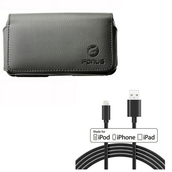 Case Belt Clip w MFi USB Cable for iPhone 8/7/6S/6 - Leather Swivel Holster Loops Cover, 10ft Certified Charger Cord Power Wire for iPhone 8/7/6S/6 Models