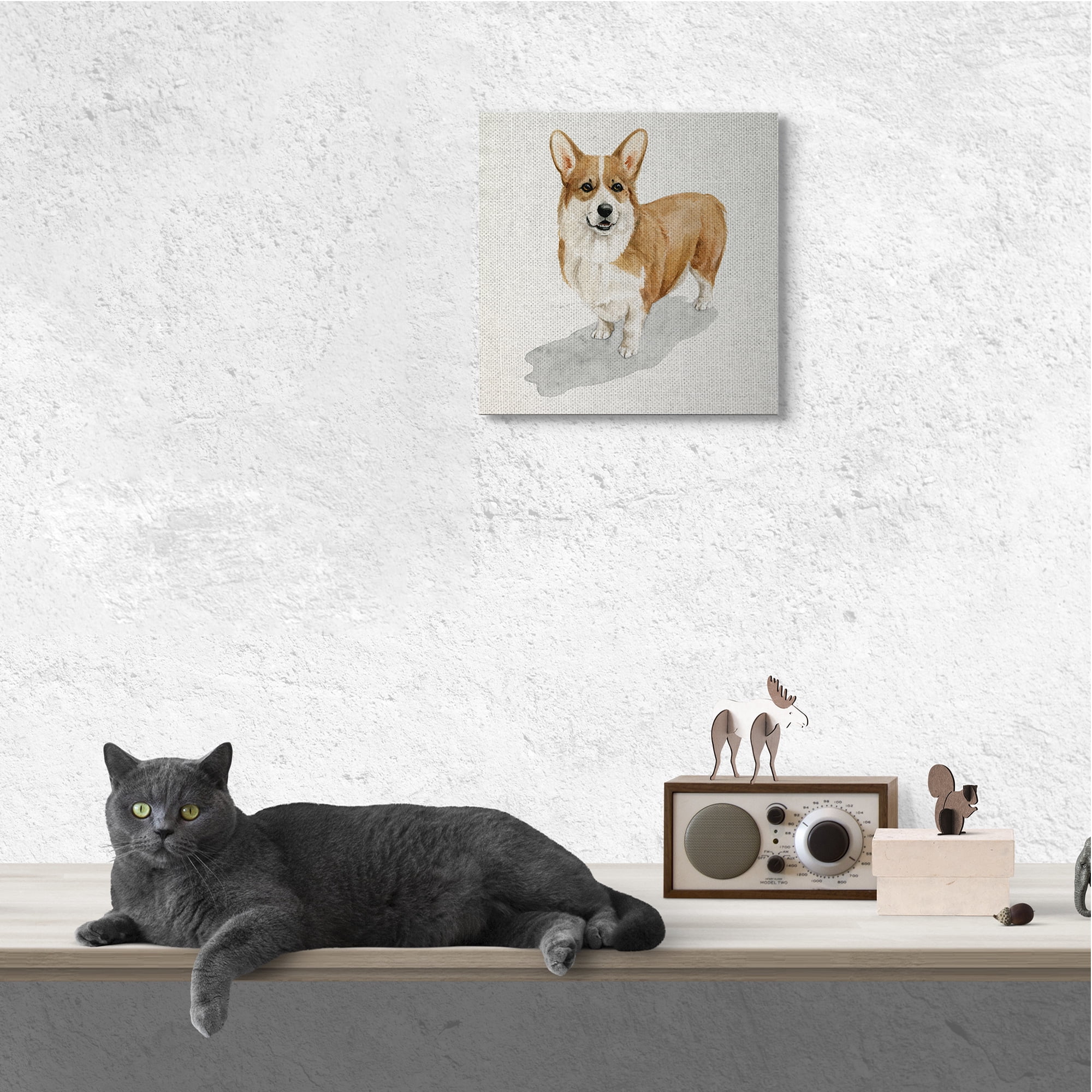 Happy Corgi Dog Pet Portrait Neutral Shadow Animals & Insects Gallery-Wrapped Canvas Print Wall Art, 17x17
