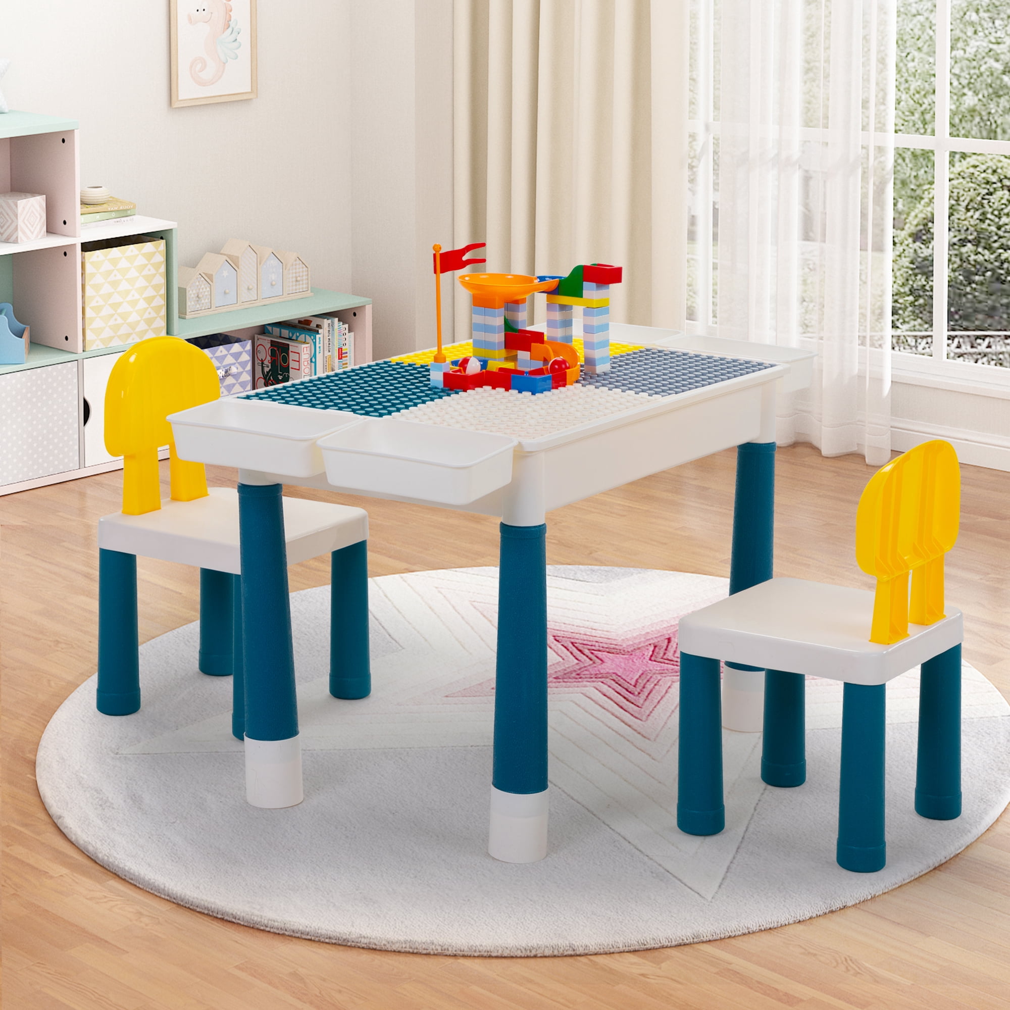 Tobbi Toddler Table and Chairs, Kids Activity Table Set with 2 Chairs, Building Block Table
