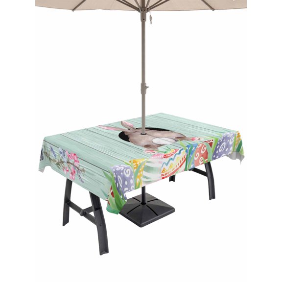 Outdoor Tablecloth with Umbrella Hole and Zipper, Easter Bunny Rectangle Table Cloth 60x84 Inch Waterproof Tablecloth, Eggs Cute Rabbit Green Wooden Plank Country Picnic Table Cover for Patio Camping