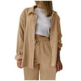 thumbnail image 2 of felwors 2 Piece Outfits for Women Casual Lounge Sets Long Sleeve Button Down Shirts and Wide Leg Pants Sets Tracksuit Khaki, XXL, 2 of 4
