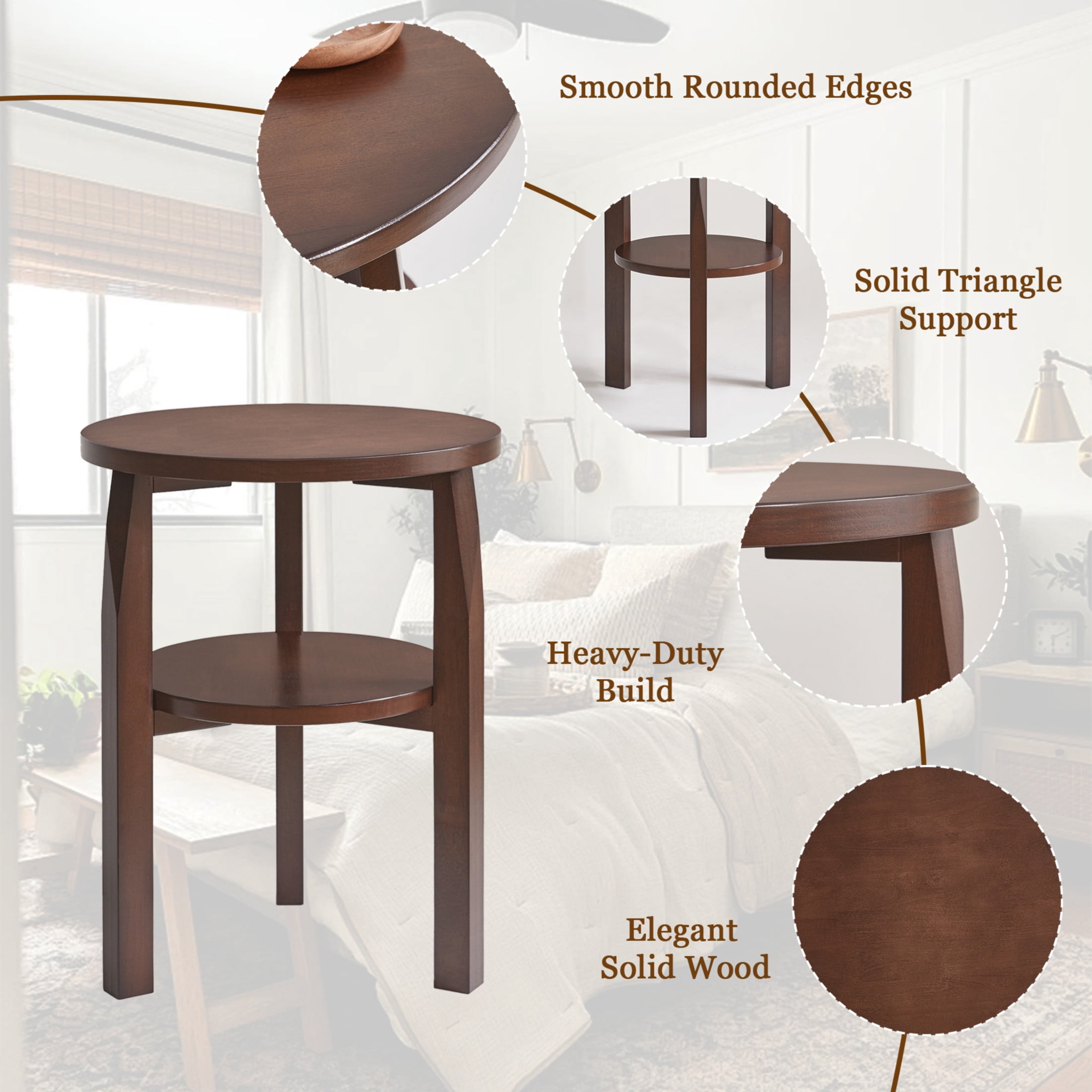Noble House Round End Table with 2-Tier Storage Shelf, Side Table for Living Room or Bedroom, Walnut
