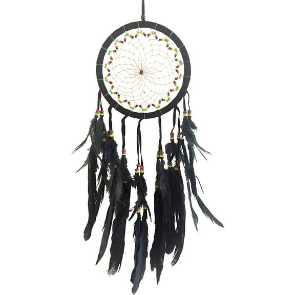 OMA Dream Catcher - Traditional Black Suede Dreamcatcher with Rasta Chakra Beads & Feathers Intricate Design - 26" Long x 7" Diameter (Black)