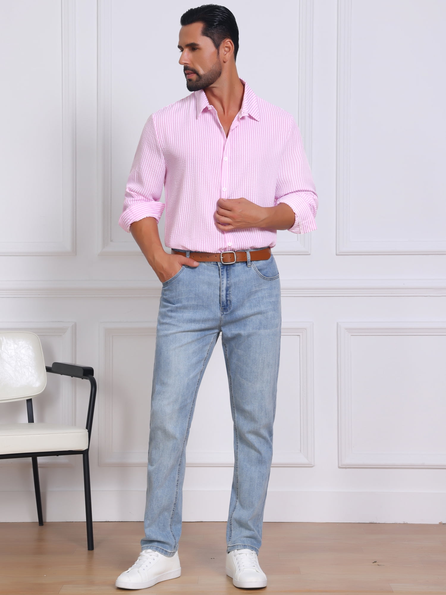 DARING DIVA Men's Seersucker Long Sleeve Button Down Textured Striped Shirts XL Pink