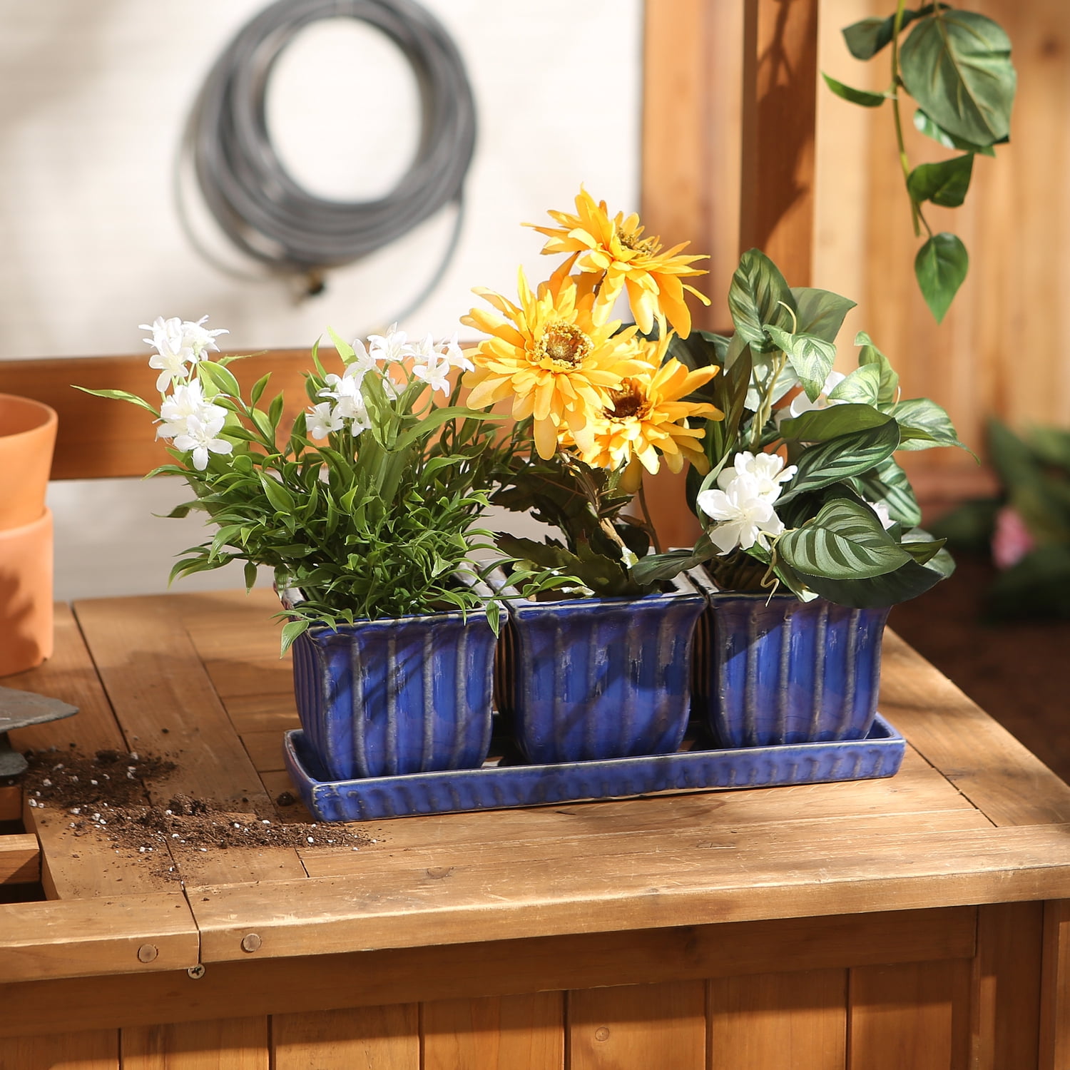 Zingz & Thingz 12" x 4" x 4" Square Blue Ceramic Plant Pot (3 Pieces)